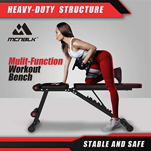 MCNBLK Adjustable Weight Bench 400lbs Capacity, Incline Decline Weight Lifting Workout Bench Home Gym, Multi-Position Utility Bench for Full Body Workout, Folding Dumbbells Bench with Elastic Ropes