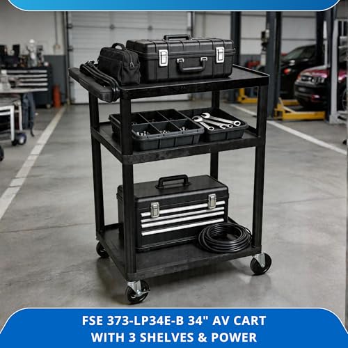 Image of FSE 373-LP34E-B 34 inch AV Cart, 3-Shelf Electric Utility Cart with 300 lb Capacity, 24 inch x 18 inch Molded Plastic Shelves, Built-in 3-Outlet Power Strip with 15' Cord, 4 inch Locking Casters, Black