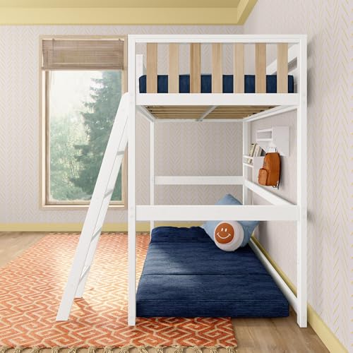Image of Max & Lily Scandinavian Twin Loft Bed - Modern Solid Wood Kids' High Loft with 14 inch Guard Rails, Angled Ladder with Anti-Slip setps, 400-lb Capacity, Easy Assembly, White /Blonde