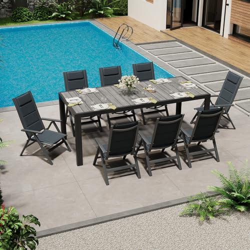 TRIUMPHKEY Aluminium Gartenmöbel 8+1, Gartenmöbel Set mit 1 189 cm PS Gartentisch und 8 klappstuhl, mit Verstellbarer Rückenlehne, Wetterfeste Terrassenmöbel, für Garten Terrasse Balkon, Dunkelgrau