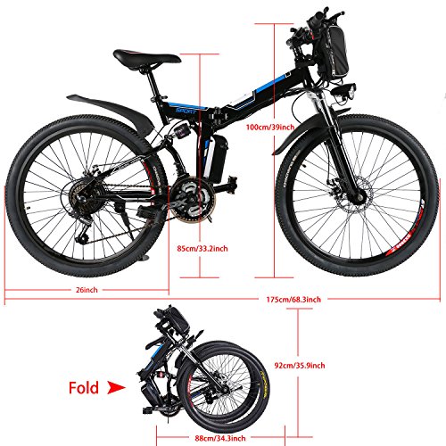 26'' Folding Electric Mountain Bike with Removable 36V 8AH Lithium-Ion Battery 250W Motor Electric Bike E-Bike 21 Speed Gear and Three Working Modes (Black) - Thumbnail 3