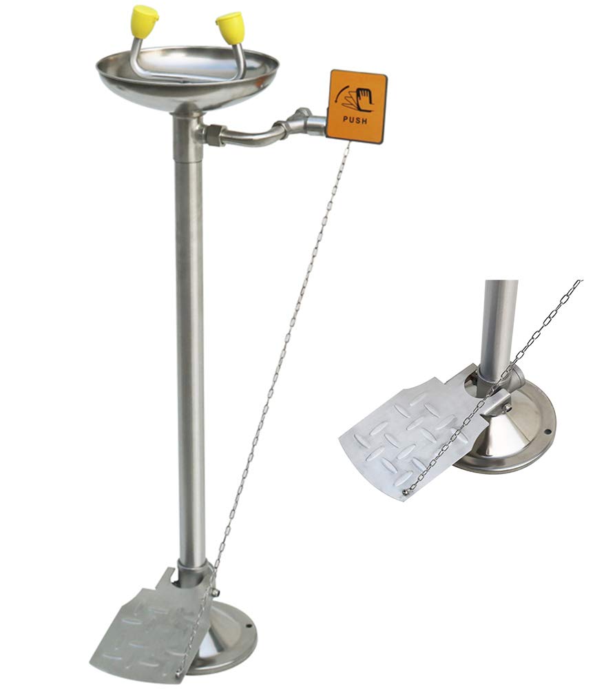CGOLDENWALL Lavaojos de Emergencia Vertical de Acero Inoxidable Herramienta de Primeros Auxilios Control Doble de Manos y Pies con Flujo de Lavaojos: ≥11.4L/min (con Tabla de Empuje Manual)