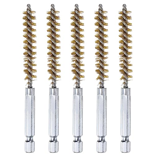 HARFINGTON 5Pcs Brass Bore Brush 9mm Dia 4" Long Cleaning Twisted Wire Brush with Handle 1/4" Hex Shank for Tubes, Ports, Bearings