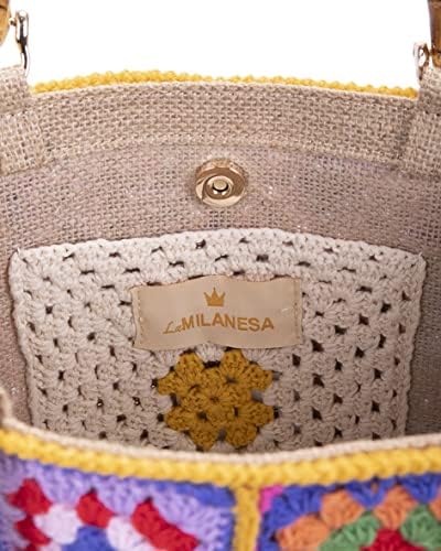 La Milanesa Hand Bag ''Crochet'', 100% Wool, One Piece, Multicoloured Ochre Theme, Size M (30x30x10 Cm)