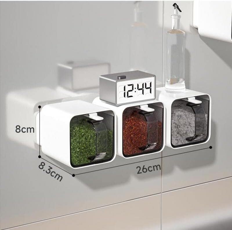Gewürzspender, Gewürzbox, 3-in-1-Gewürzbox-Set for die Küche, Löffel, Salz, Zuckerdose, Vorratsbehälter, Gewürzgläser, Regal, an der Wand hängende Gewürztöpfe, einfach