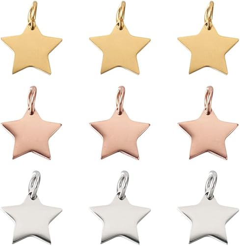 KISSITTY 30 unidades/caja 304 dijes de estrella de acero inoxidable 304, oro rosa, dorado y acero inoxidable, colgantes de 0.433 x 0.472 x 0.043 in