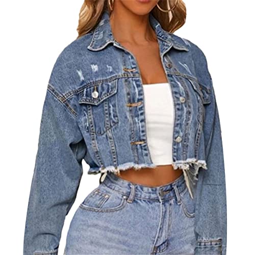 Veste en jean courte bleu foncé boutonnée avec poches poitrine XS