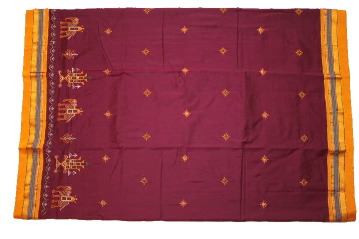 Image of Women Ilkal Cotton Blended Silk Kasuti Embroidery Saree with Traditional Stripe Pallu Unstitched Blouse Pattu