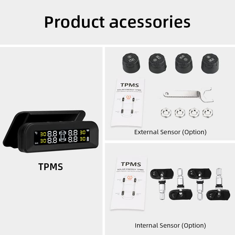 Tpms Sistema di monitoraggio della Pressione dei Pneumatici for Auto Wireless, Carica Solare, misuratore, Display in Tempo Reale attaccato al Vetro(Built-in sensors)