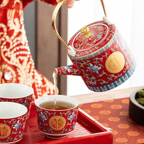 JiajuZS Chinese Double Happiness Red Wedding Tea Set,Porcelain Wedding Tea Set,Beam Handle, Comfortable to Hold,for Newlyweds, Friends Chinese Traditional Wedding Decoration Supplies