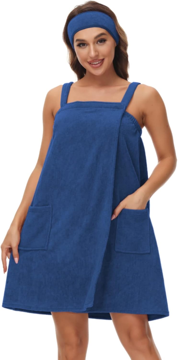 Women's Bath/Shower Wrap Towel Adjustable Straps Lightweight Knee Length Bathrobe Wrap Shower Robes with Headband