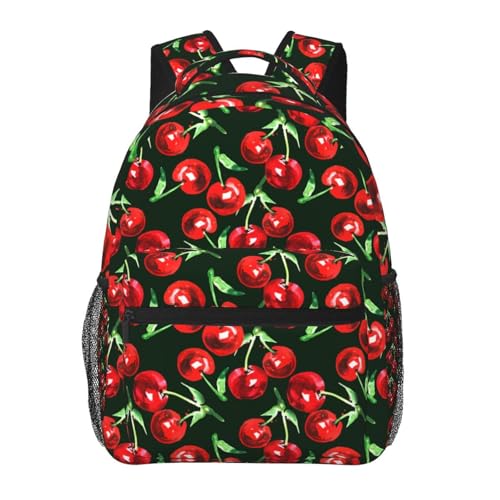 Cherry Watercolor Lightweight Travel Backpack With Zipped Front Pocket Printed Laptop Bag Fashion Casual Daypack For Work, Hiking, Camping Unisex