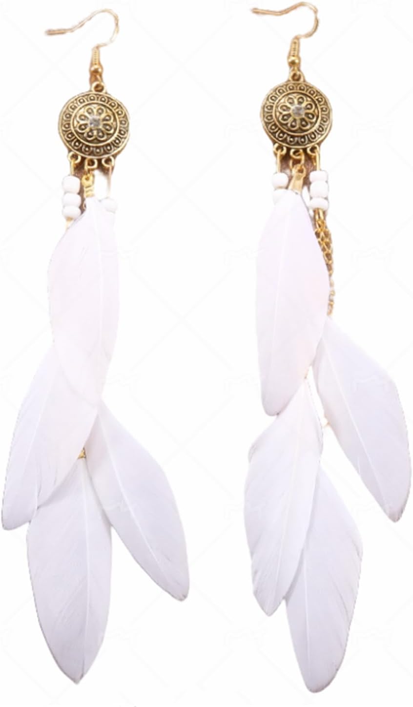 Bohemian Feather Earrings Gold Plated Handmade Boho Colorful Seed Beaded Feathers Long Chain Tassel Lightweight Dangle Drop Earrings for Women Ethnic Style Wedding Bridal Vacation Fashion Jewelry Gifts