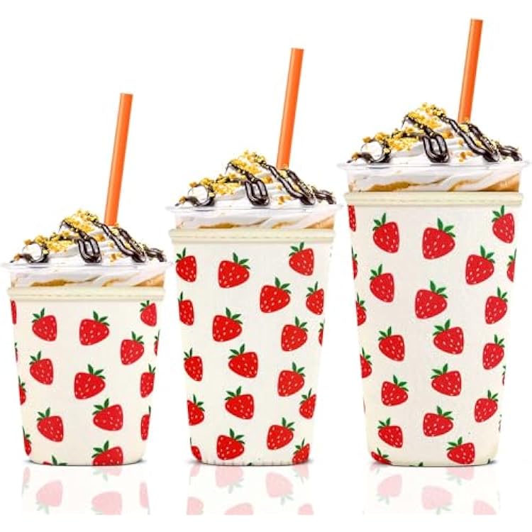 3 Pack Iced Coffee Cup Sleeve for Large Sized Cups, Reusable Neoprene Iced Coffee Cup Holder for Hot Cold Drinks, Compatible with Starbucks, Dunkin Donuts, and More(Big Strawberry)