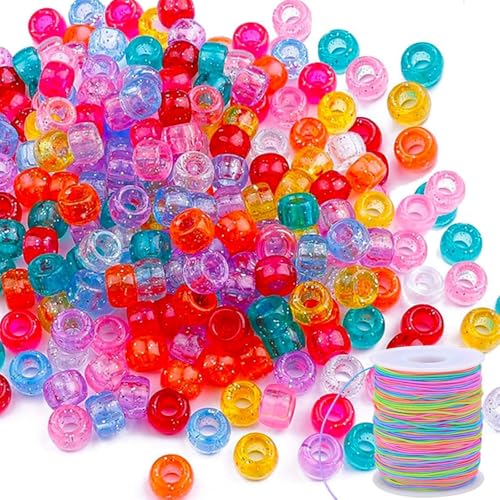 500 Cuentas Pony que Brillan en la Oscuridad, Cuentas para Ensartar con Agujero Grande, Hilo Arcoíris Incluido, Kit de Manualidades para Joyería y Pulseras, Materiales Creativos para Niños y Adultos