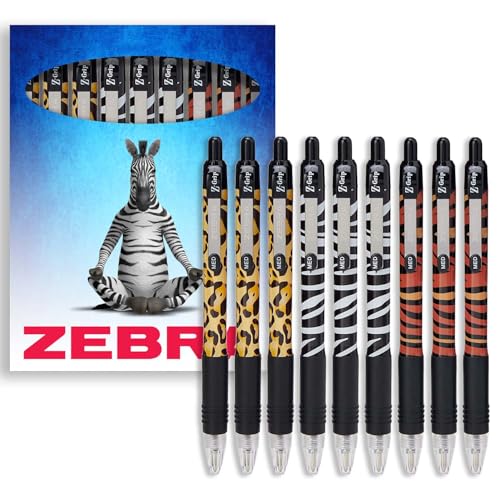 Zebra Z-Grip Pen Funky - Penna a sfera retrattile, motivo animalier, stampa ghepardo, zebra e tigre, inchiostro nero, confezione da 9, in confezione regalo di cartone