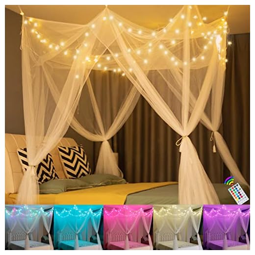 White Bed Canopy with 18 Colors Star Lights for Girls, 8 Corner Princess Canopy Bed Curtains with Color Changing LED String Lights Remote Timer for Adults Women Bedroom, Twin Full Queen King Bed