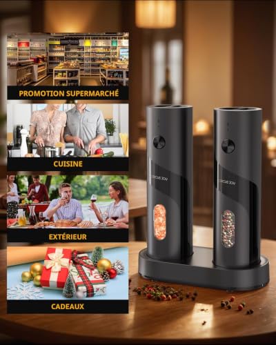 CIRCLE JOY Ensemble de Moulins à Sel et Poivre Électriques Rechargeables avec Socle de Recharge, Grossièreté Réglable, Capacité de 110ml et Lumière LED Blanche, Noir – vue 8