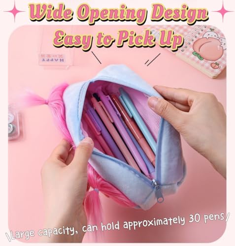 Image of XZR Cute DIY Pen Bag Case Box Stocking Stuffers Cute Creative Long Hair Doll Colorful Cartoon Large Capacity Zipper Organizer Storage Bag Box Nice Gift (Blue)