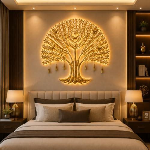 Image of Bharat Art IRON CUCUMBER LED TREE Metal Wall Decor | Luxury Golden Tree Wall Art with LED Light | Modern Iron Wall Hanging for Living Room Bedroom Hall Office Home Decoration | 48x3x48 | CW391