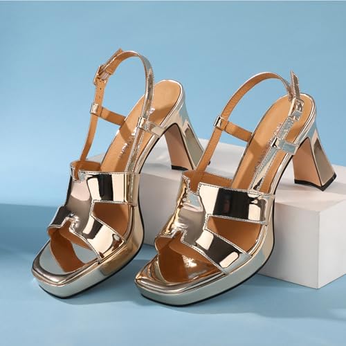 Image of ROSERWISH Heels for Women Chunky Block Platform High Heels Square Open Toe Strappy Heel Sandals Wedding Party Prom Fashion Slingback Dress Pump Sandals Shoes