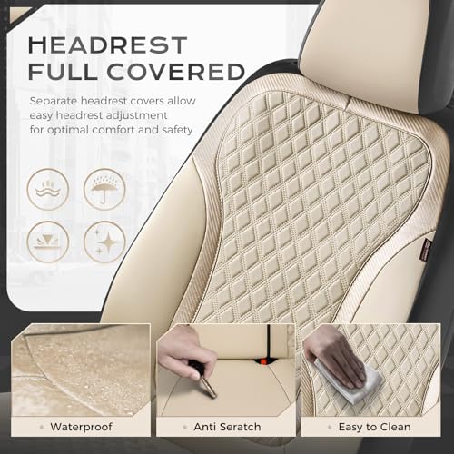 Image of Coverado Front Seat Covers, 2-Pack Luxury Leather Car Seat Cover with Carbon Fiber Weave, Waterproof Car Seat Protectors, Spill-Proof Car Seat Cushion, Beige Seat Covers Universal Fit for Most Cars