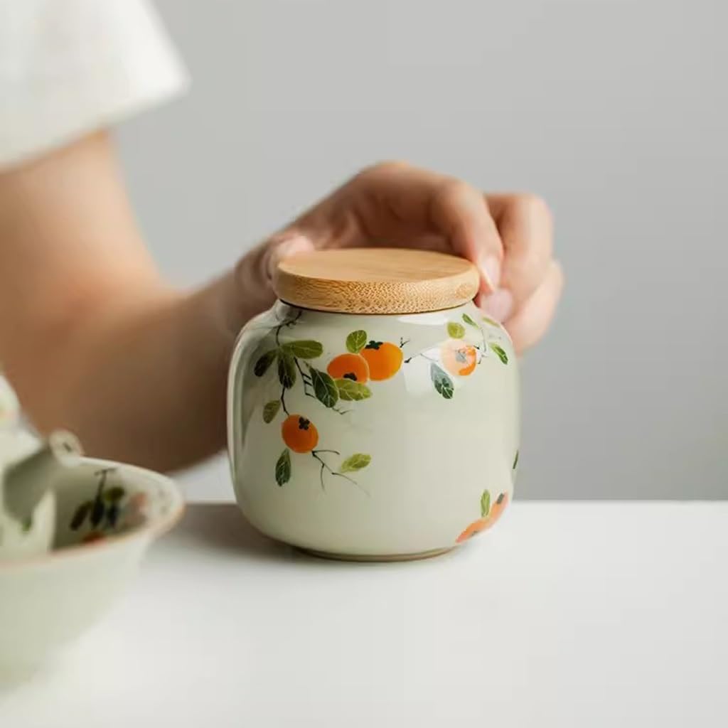 Organizador de Bolsitas de Té Lata de té de caqui puramente pintada a mano, lata sellada, lata de té pequeña portátil de cerámica, minilata de almacenamiento creativa Organizador de Té Contenedor de A