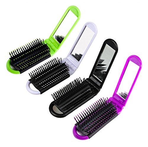 LOUISE MAELYS 4pcs Colorful Portable Folding Hair Brush with Mirror Compact Pocket Hair Comb for Travel Gift Idea