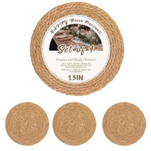 Image of BAVIFY 13 in Round Woven Placemats Set of 4 Chargers for Dinner Plates Farmhouse Rustic Boho Table Mats for Dining Table Decor Wicker Straw Braided Place Mats