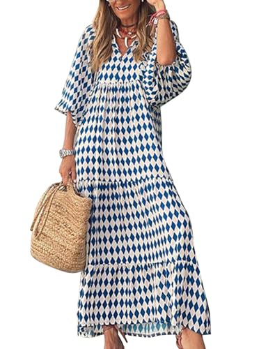 MessBebe Sommerkleider Damen 3/4-Ärmel Elegant V-Ausschnitt Halblange Ärmel Boho Langarm Blumenkleid Midi Lässig Sommer Freizeitkleid L
