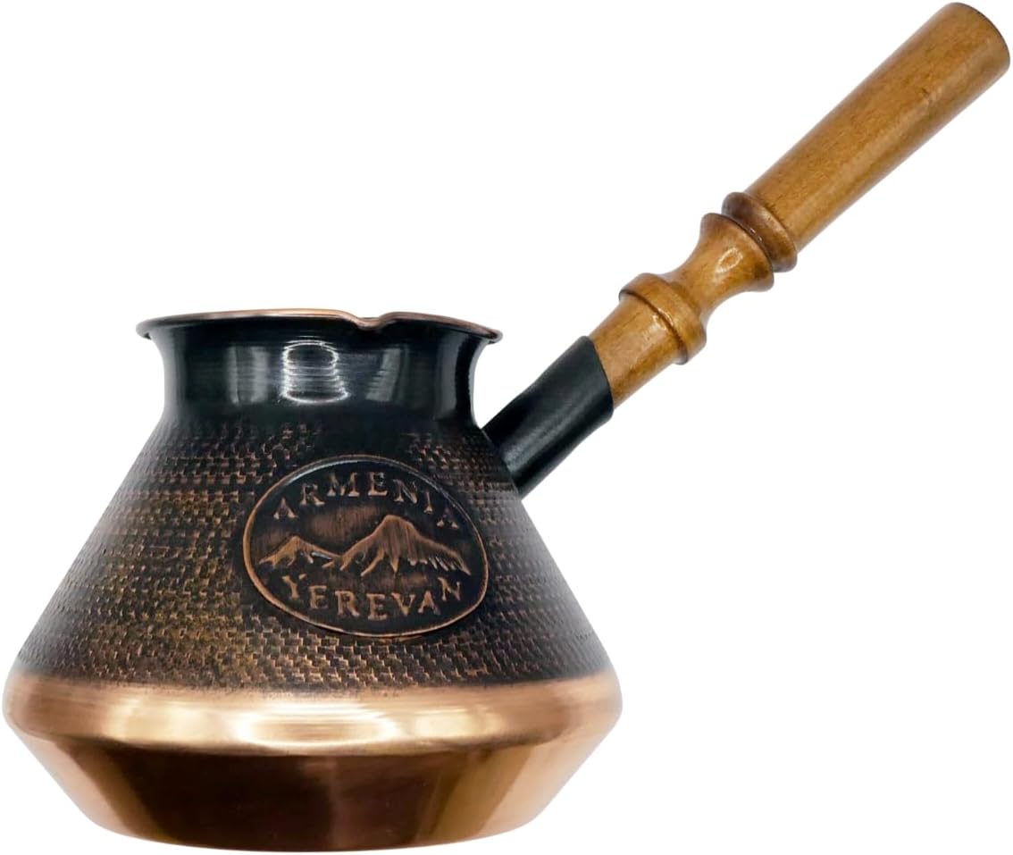 Mount Ararat Copper Jazva Jazzve – Handmade with Wooden Handle 6 Cups, Authentic Armenian Coffee Maker Pot