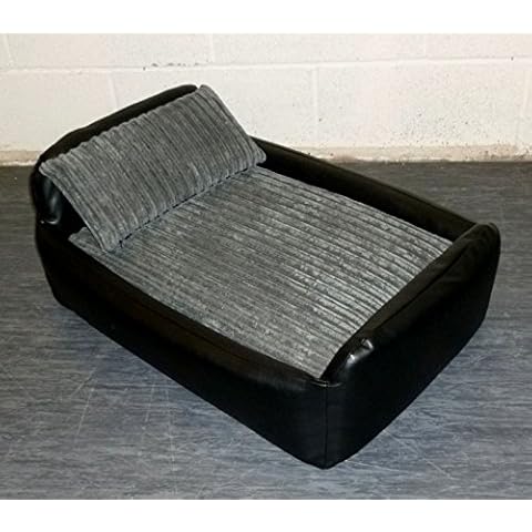 Zippy Faux Leather Divan Pet Dog Bed - Large - Black & Grey Jumbo Cord Cover