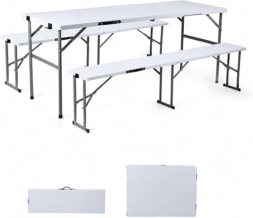 6FT Folding Portable Picnic Table Set with 2 Benches (3 PC White) | Plastic Table & Bench Set, Table With Chairs, Wood Grain Surface, Foldable, Indoor, Outdoor, Camping, Patio, Backyard, Picnic