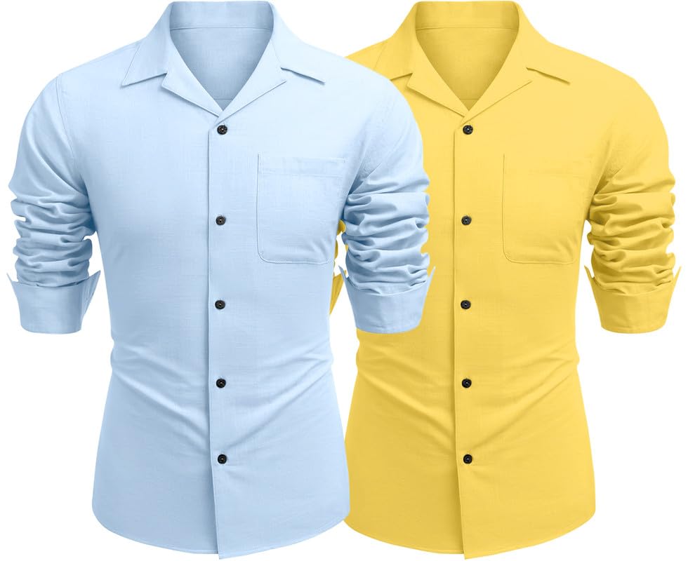 Image of Combo of Men's Casual Cotton Blend Shirt || Long Sleeve Button Down with Spread Collar | Lightweight Breathable Fabric | Stylish Solid Shirt for Beach, Office & Everyday Wear Pack of 2