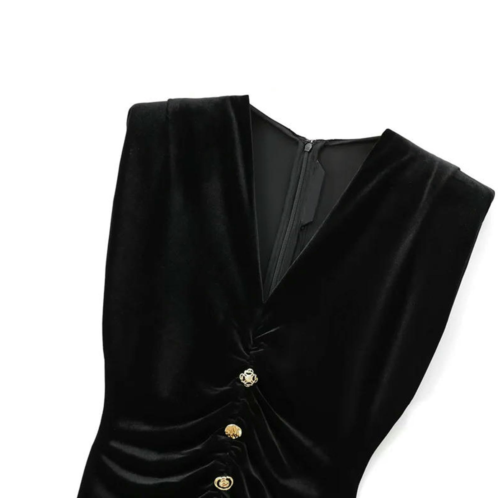 Vestito Donna Abito Midi Velluto Drappeggiato da Donna con Bottoni, Collo A V, Maniche, Abiti Femminili, Moda Chic-Nero-XS