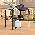 Domi 8x5FT Hardtop Grill Gazebo, Outdoor BBQ Gazebo with 2 Side Shelves and Ceiling Hook, Metal Grill Canopy with Galvanized Steel Double Roof for Patio Lawn Patio Backyard Deck, Brown