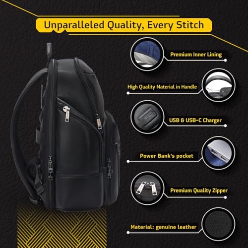 Durable Leather Laptop Business Backpack Perfect for Men & Women, Work Backpack Fits 15.6 Inch, Premium Quality Travel Bag with USB Charging Port, Water-Resistant, Bookbag with Multiple Pockets3