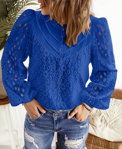 BETTE BOUTIK Women's Long Short Sleeve Tops 2025 Dressy Casual Button Hollow Out Lace Embroidered Blouses Shirts