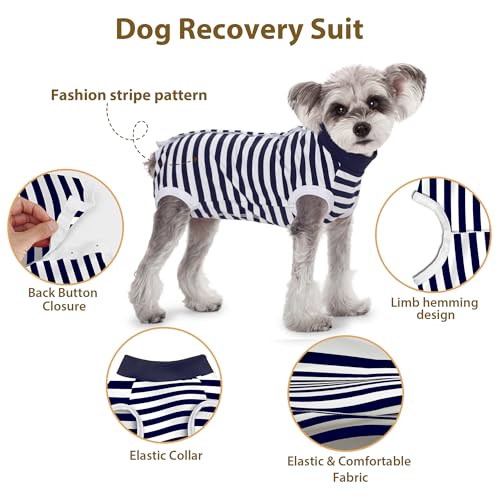 PawSailor Gestreifter OP-Body Hunde Hündin Rüde Kastration Hundebody Nach Op Weiche Baumwolle OP-Weste Hunde Medizinisches Hemd Anti-Lecken Knopfverschluss Wundschutz Kegel-Alternativen, Marineblau S