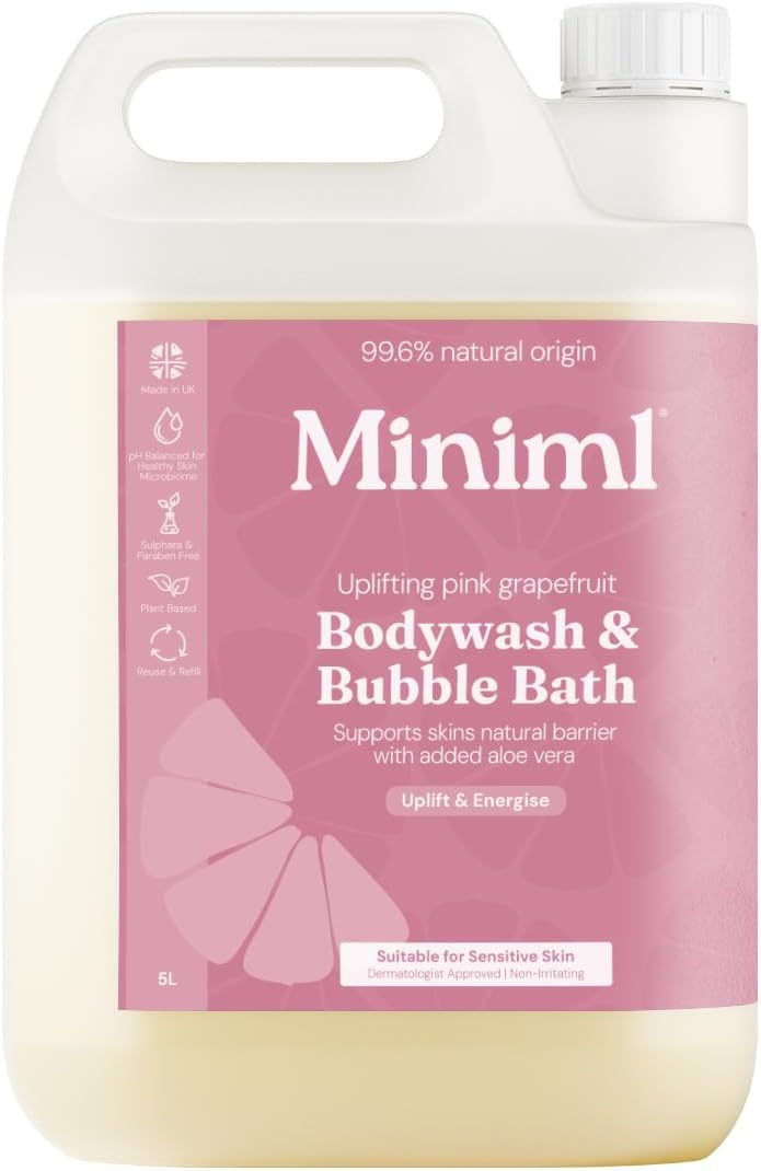 All Natural Body Wash and Bubble Bath - 5L Refill Moisturising Pink Grapefruit and Aloe Vera Sensitive Skin Eco Shower Gel Bath Soak - Vegan Friendly Hand, Face & Body High Foam Scrub