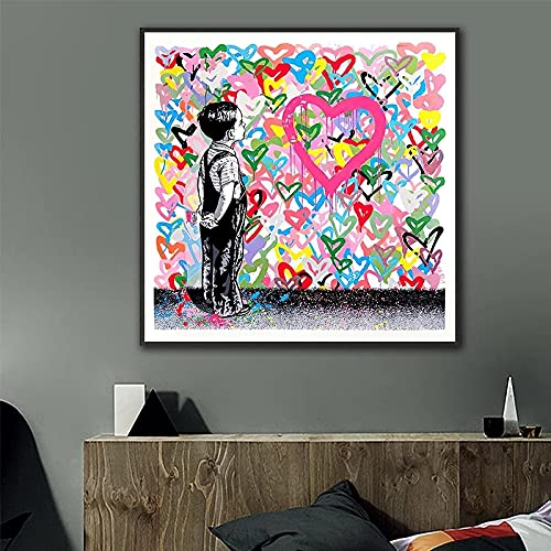 Banksy Boy Painter Gemalt Bunte Liebe Leinwand Malerei Druck Und Poster Wandkunst Bild Cuadros Wohnzimmer Dekoration 60x60cm(24x24in)Rahmenlos Cover