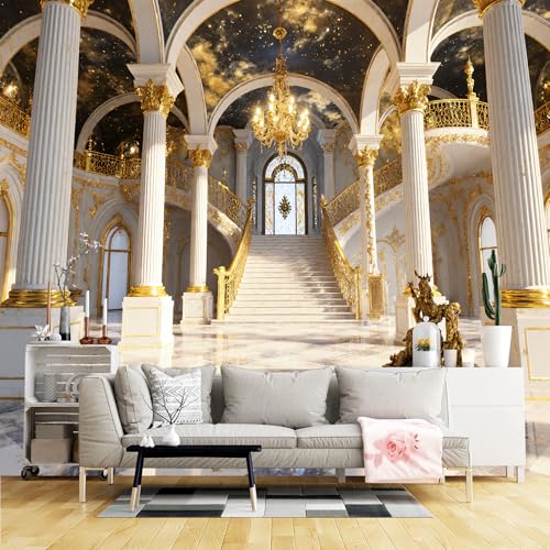 Murales de pared de tamaño personalizado, interior de palacio barroco, gran pasillo y escalera, tela de pared autoadhesiva (sin PVC), papel tapiz fotográfico grande extraíble para sala de estar