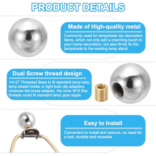 Image of PATIKIL 25mm Ball Lamp Finials Caps Knob, 2 Set Solid Lamp Shade Top Decoration Screw Cap Nuts with Brass Reducing Adapter for Table Lamps Floor Lamps, Silver Tone