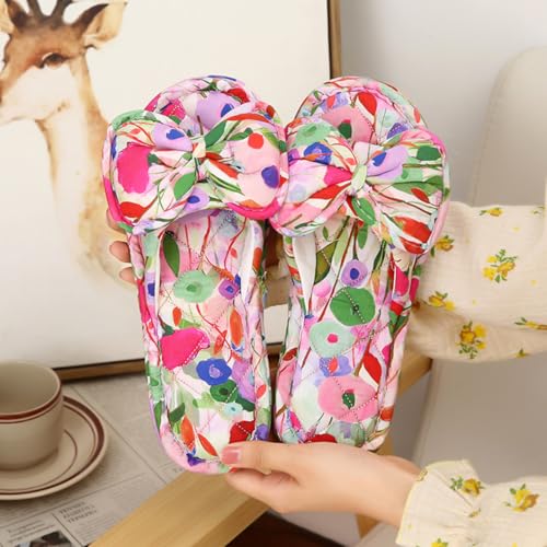Bow-Knot Pattern Print House Slippers for Women Slides with Breathable Cotton Indoor Slip on Open Toe Stitching Home Shoes2
