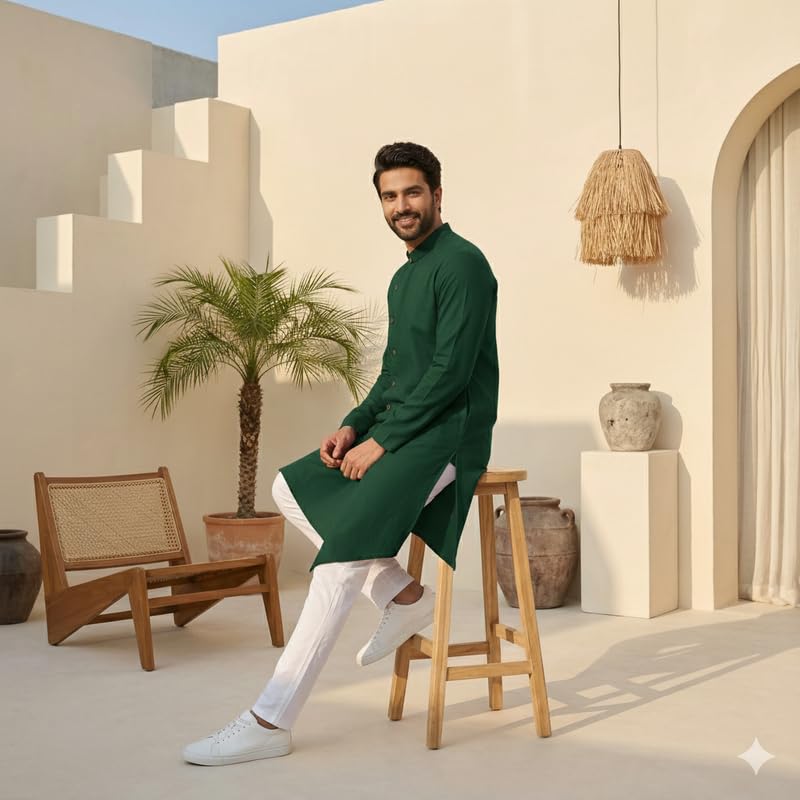 Image of OOMPH! Men's Ethnic Traditional Asymmetric Kurta Polycotton Regular Fit | High Neck Full Sleeves | Traditional Indian Festive Kurta | Stylish Casual and Wedding