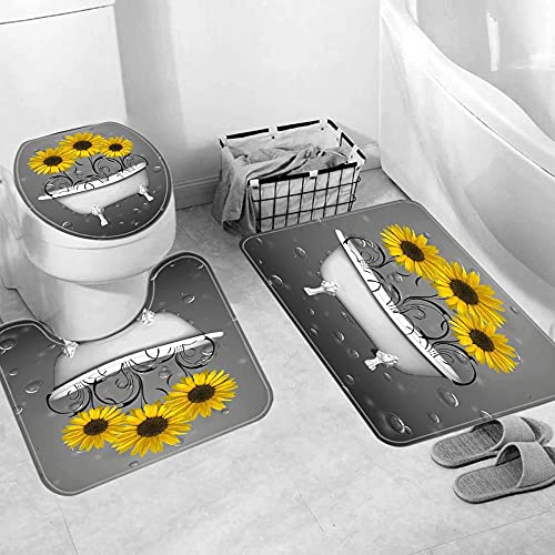ZDDWLDL 3D Gedruckter Duschvorhänge Set Grau-Weiß-Gelbe Sonnenblumenblüten Duschvorhang Set 4 Stück Badezimmer Dekor… – Bild 3