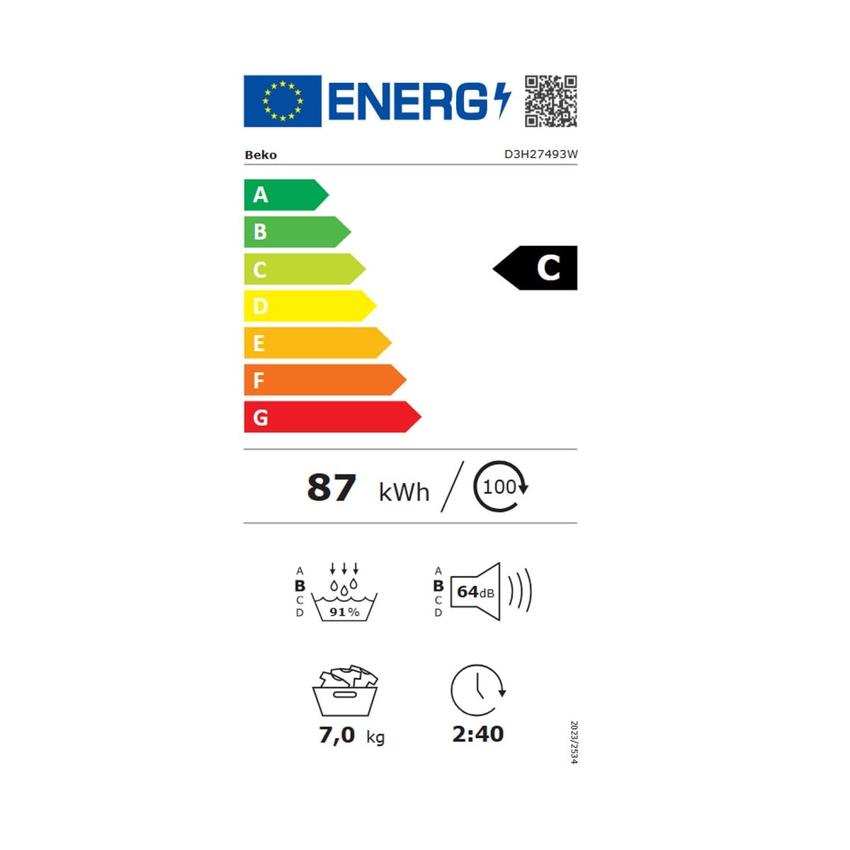 Beko b300 D3H27493W - Secador de ropa con bomba de calor (7 kg, 60 cm), color blanco