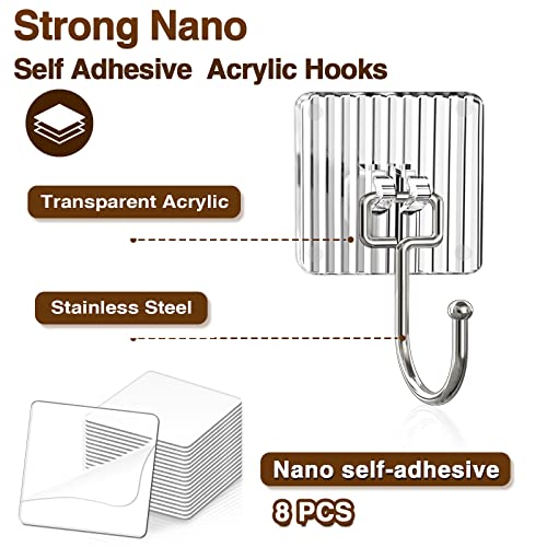 Uyccimb Acrylic Adhesive Hooks For Hanging Heavy Duty 44Lb(Max),Coat And Towel Hooks,Wall Hooks Waterproof And Oilproof For Bathroom,Kitchen And Home Sticky Hooks (Multicolor, 8 Pack) #TOP5