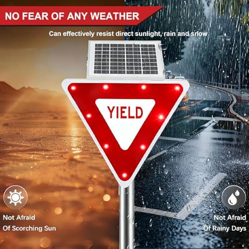 28" Solar Powered LED Flashing Yield Sign with 18.8V Solar Panel & Mounting Accessories - High Visibility Traffic Sign for Crosswalks and Safety Zones