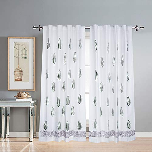 Image of Linenwalas Cotton Curtains Set Of 2, Canvas Door Curtains For Home Decor Curtains For Living Room, Bedroom, Hangs Elegantly With Back Loops (4.5Ft X 8 Ft, Green Leaf) - Sheer, Back Tab
